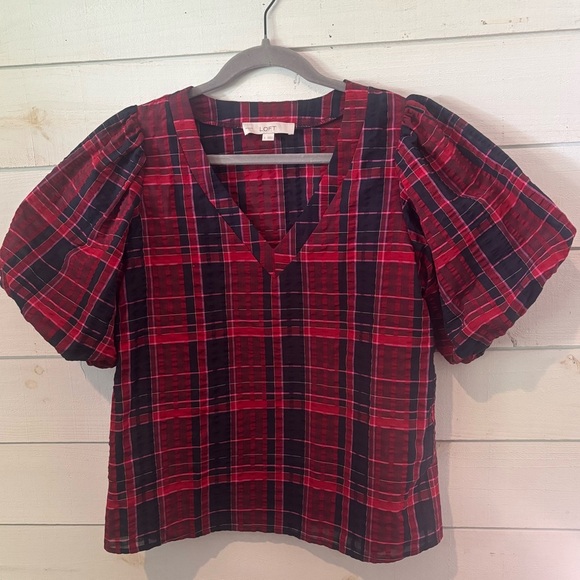 LOFT Red and Blue Flutter Sleeve Blouse - Picture 8 of 13